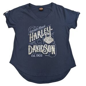 Women’s Harley-Davidson Blue V-Neck Graphic T-Shirt Roll Tab Sleeves Size L